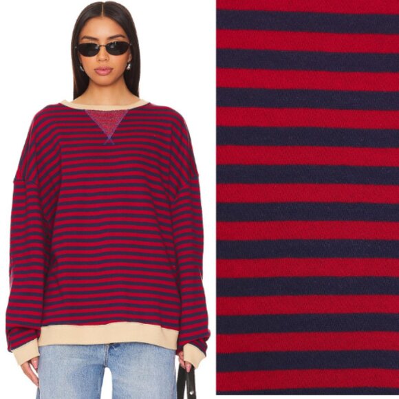New! Free People Classic Red and Navy Striped Sweatshirt 2366 - Picture 1 of 12